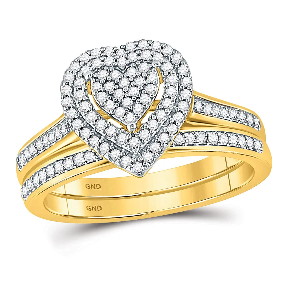 Keene Jewelers 10kt Yellow Gold Diamond Heart Bridal Wedding Ring Band Set 1/3 Cttw