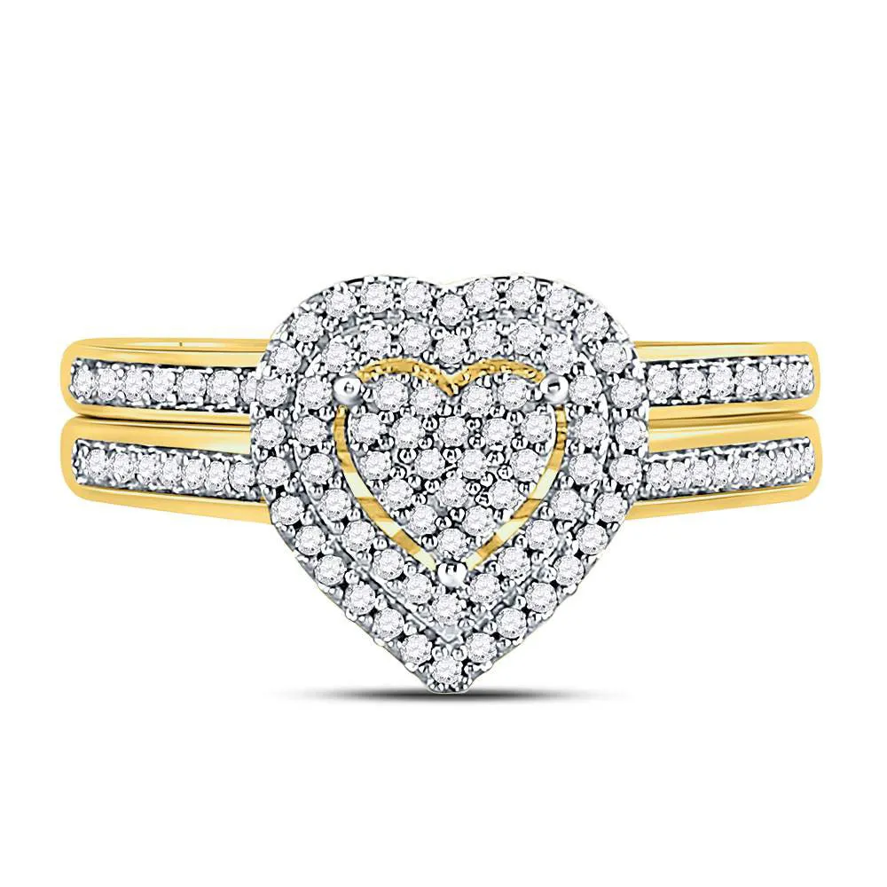 Keene Jewelers 10kt Yellow Gold Diamond Heart Bridal Wedding Ring Band Set 1/3 Cttw