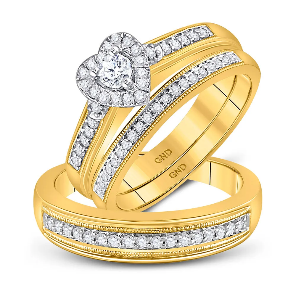 Keene Jewelers 10kt Yellow Gold His Hers Round Diamond Heart Matching Wedding Set 1/2 Cttw