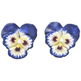 Krementz Enamel Seed Pearl And 14 Karat Gold Pansy Earrings