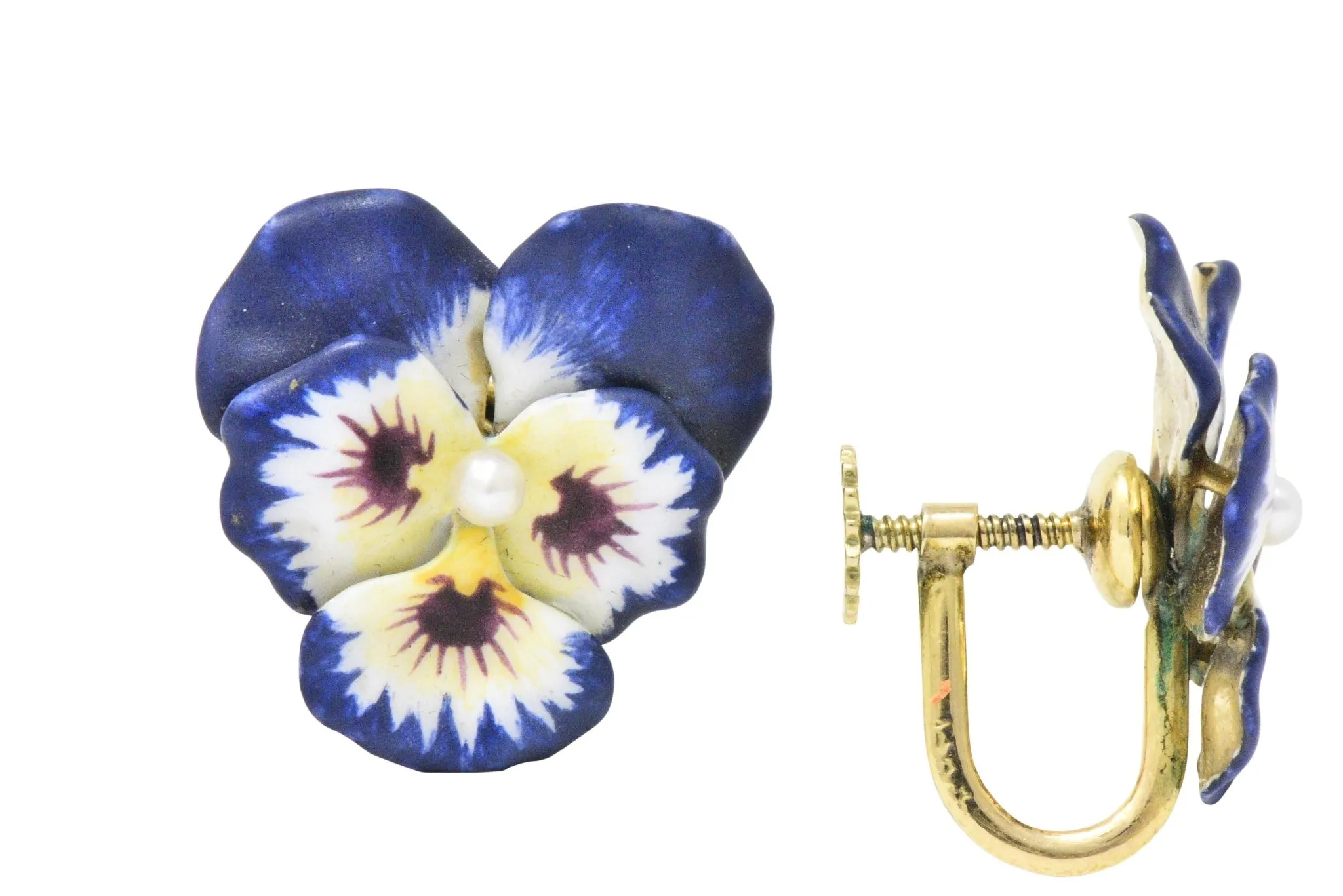 Krementz Enamel Seed Pearl And 14 Karat Gold Pansy Earrings