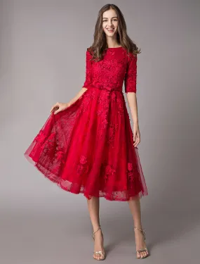 Lace Cocktail Dresses Burgundy Bow Sash Half Sleeve Tea Length Prom Dress