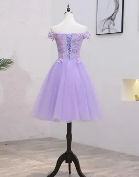 Lavender Lace Shoulder Short Cocktail Dresses A-line