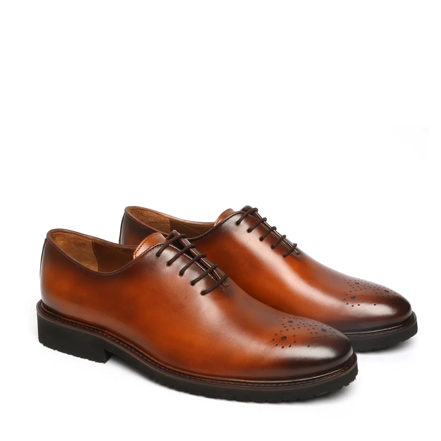 Light Weight Tan Leather Shoes Whole Cut/One Piece Medallion Toe Oxford Lace-Up By Brune & Bareskin