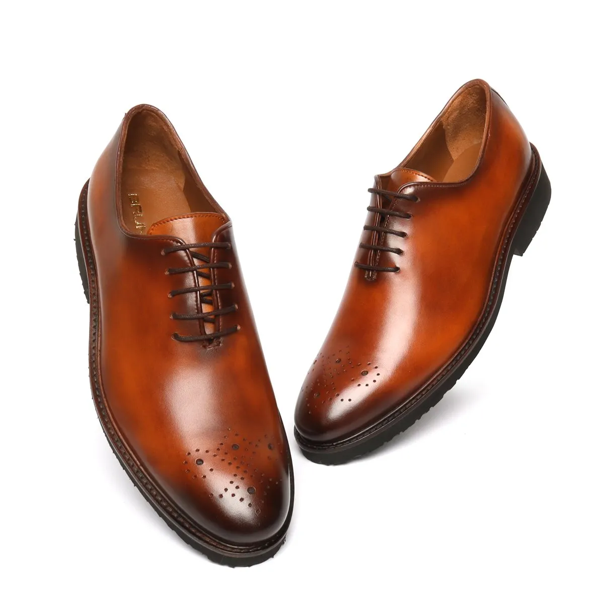 Light Weight Tan Leather Shoes Whole Cut/One Piece Medallion Toe Oxford Lace-Up By Brune & Bareskin