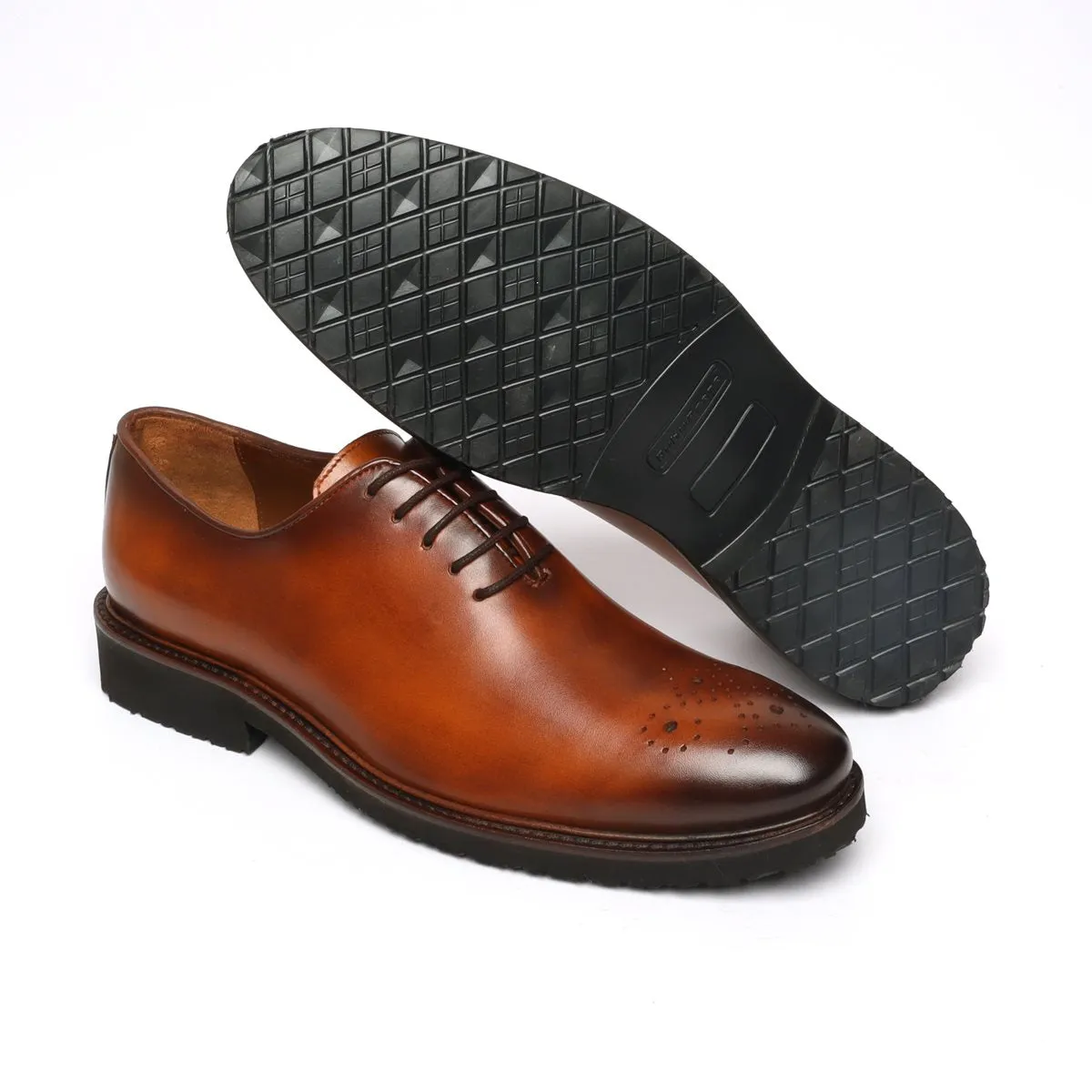 Light Weight Tan Leather Shoes Whole Cut/One Piece Medallion Toe Oxford Lace-Up By Brune & Bareskin