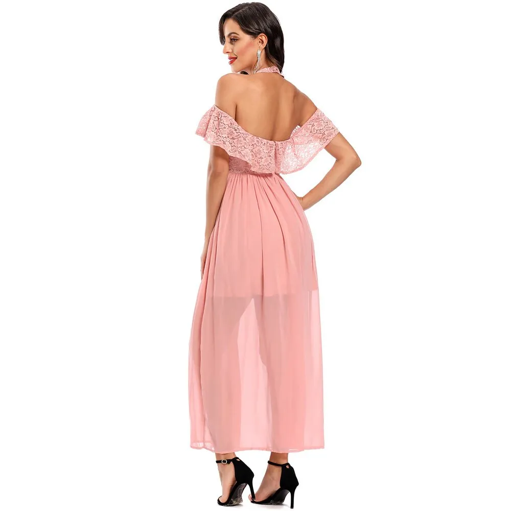 Long Formal Halter Backless Lace Chiffon Runway Evening Gowns Pink Beach Party Boho Dress