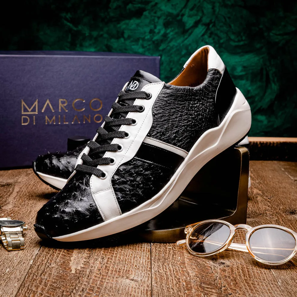 Marco Di Milano Lyon II Men's Shoes Black & White Calf-Skin / Ostrich Leg Casual Sneakers (MDM1070)