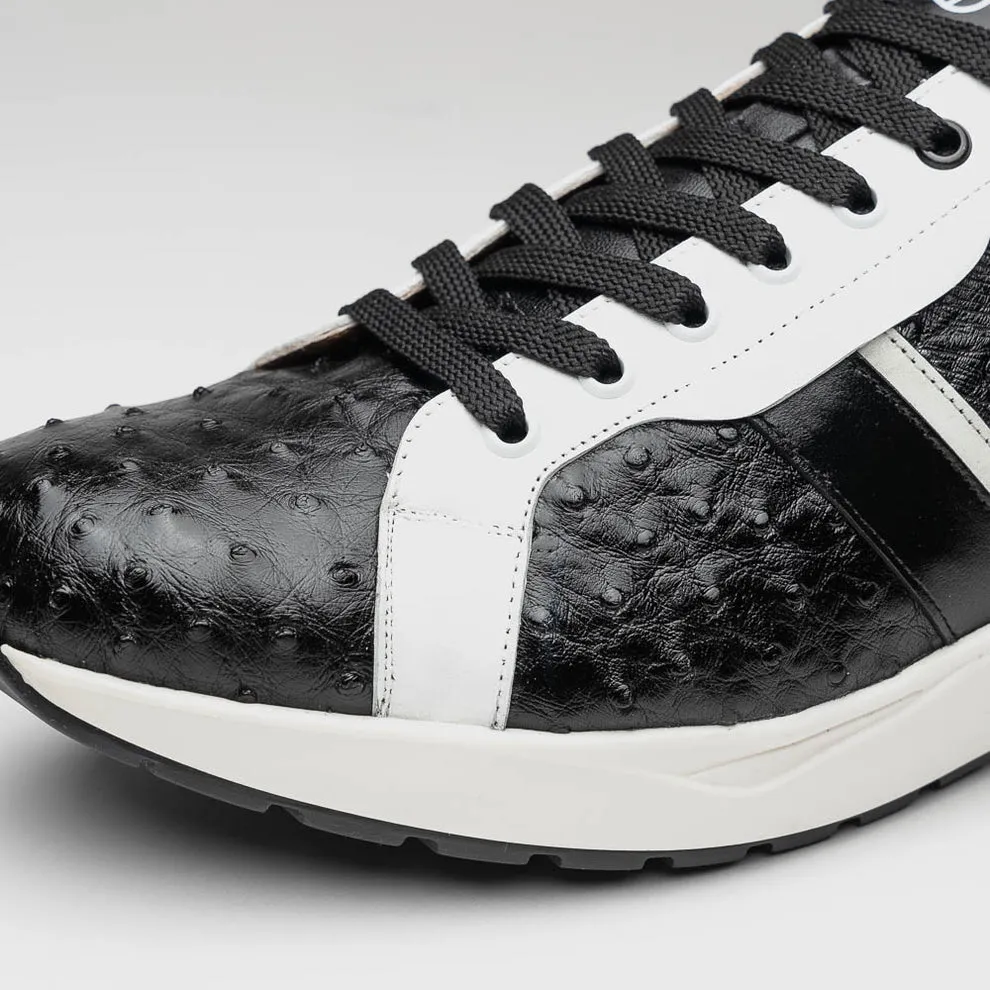 Marco Di Milano Lyon II Men's Shoes Black & White Calf-Skin / Ostrich Leg Casual Sneakers (MDM1070)