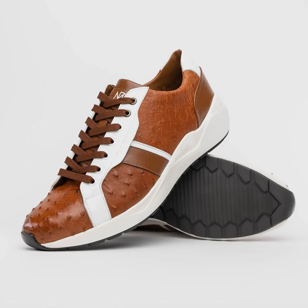 Marco Di Milano Lyon II Men's Shoes Brandy & White Calf-Skin / Ostrich Leg Casual Sneakers (MDM1068)