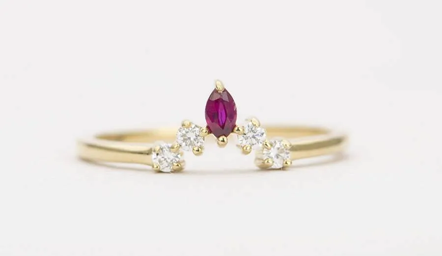 Marquise Ruby Diamond Crown 14K Gold Wedding Band Curve Tiara Ring AD1446R