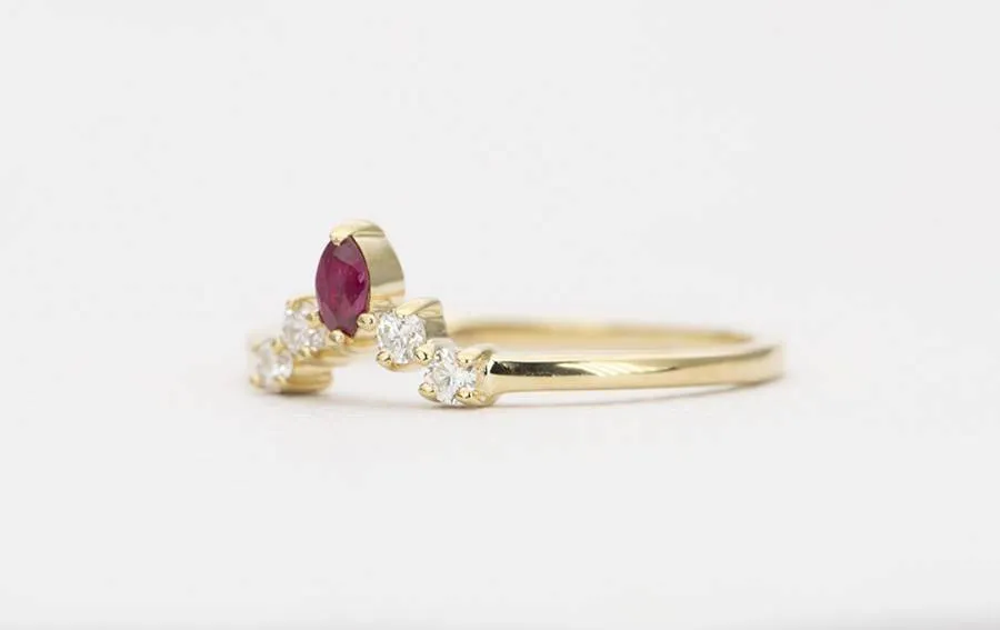 Marquise Ruby Diamond Crown 14K Gold Wedding Band Curve Tiara Ring AD1446R