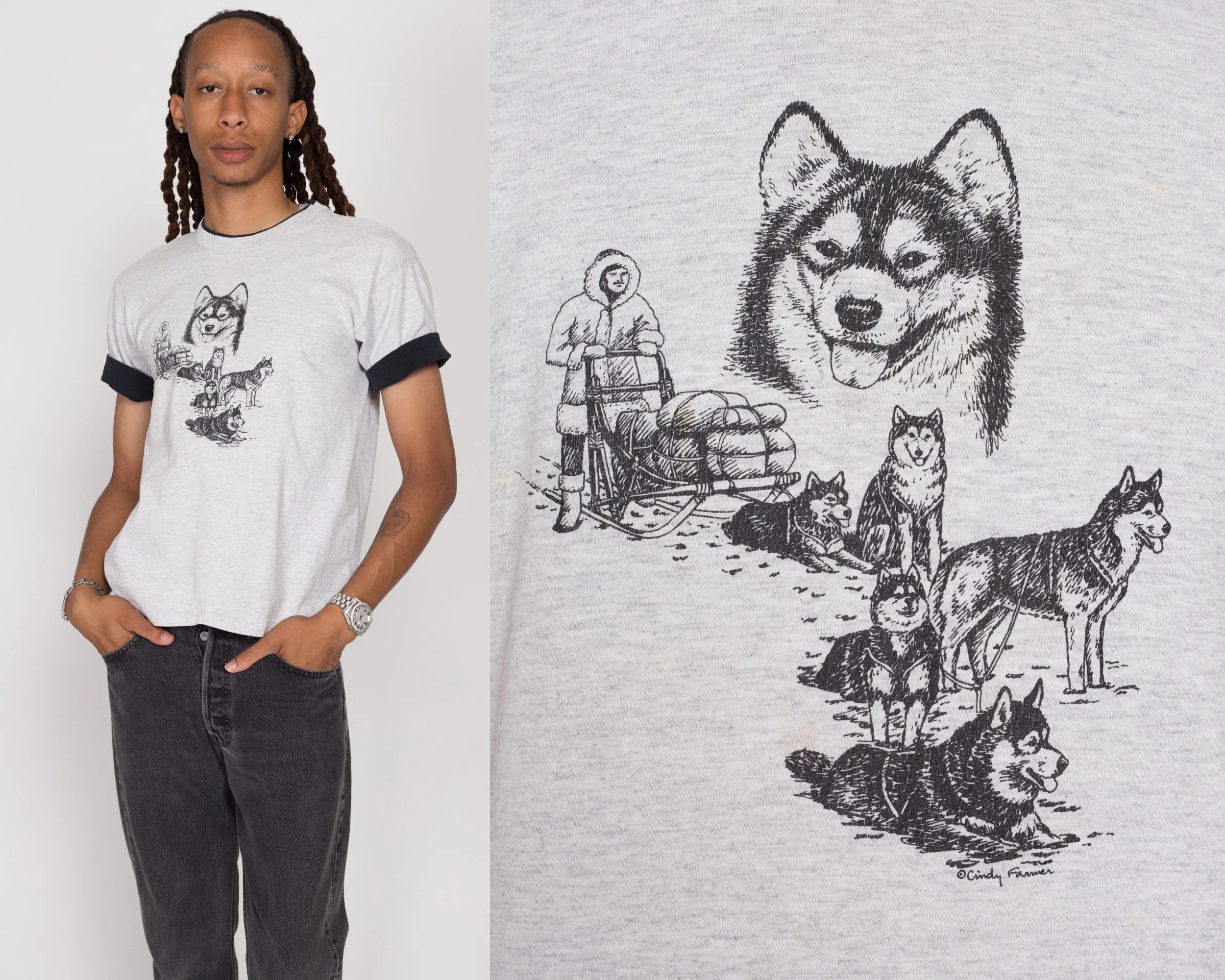 Medium 90s Husky Dog Sled Cuffed T Shirt