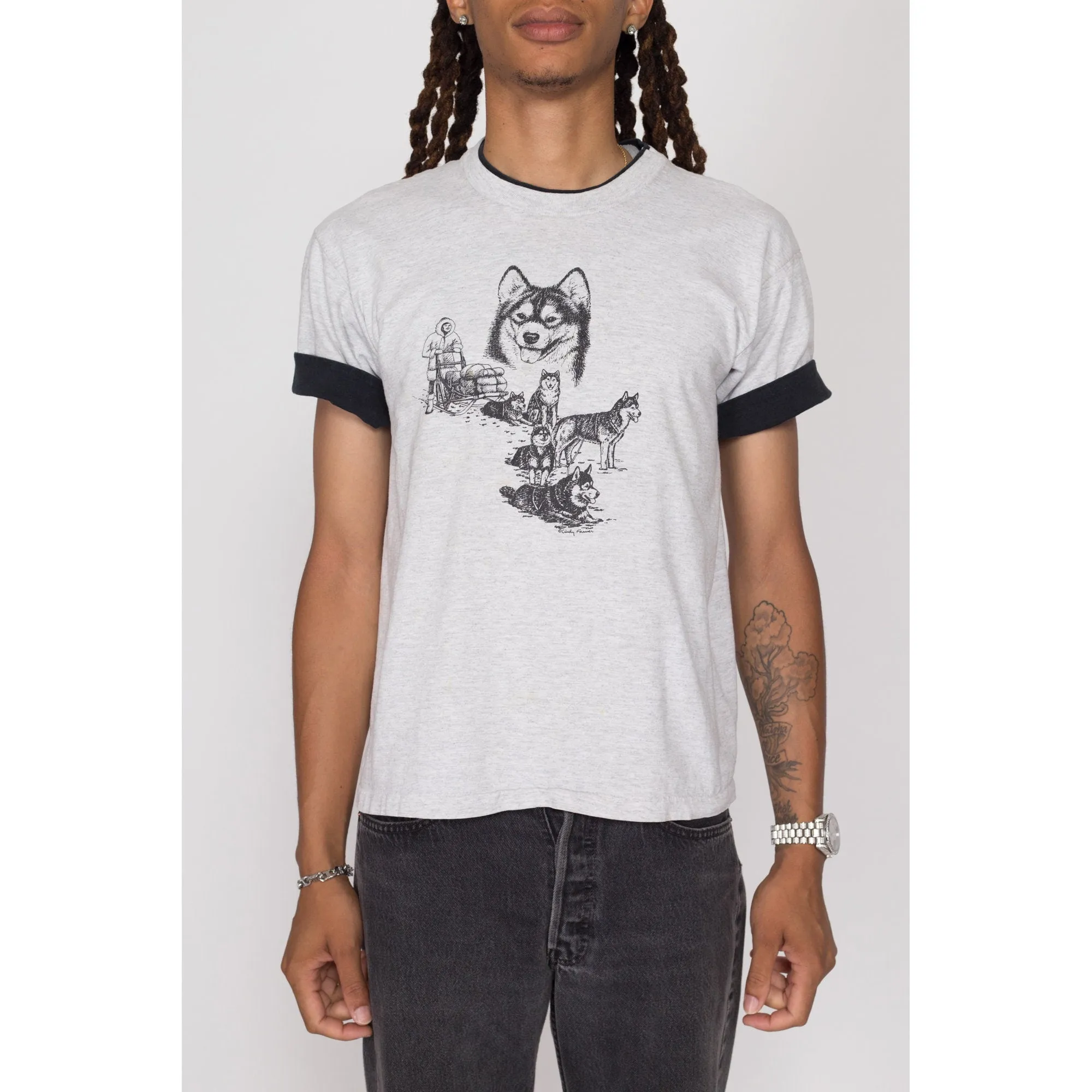 Medium 90s Husky Dog Sled Cuffed T Shirt