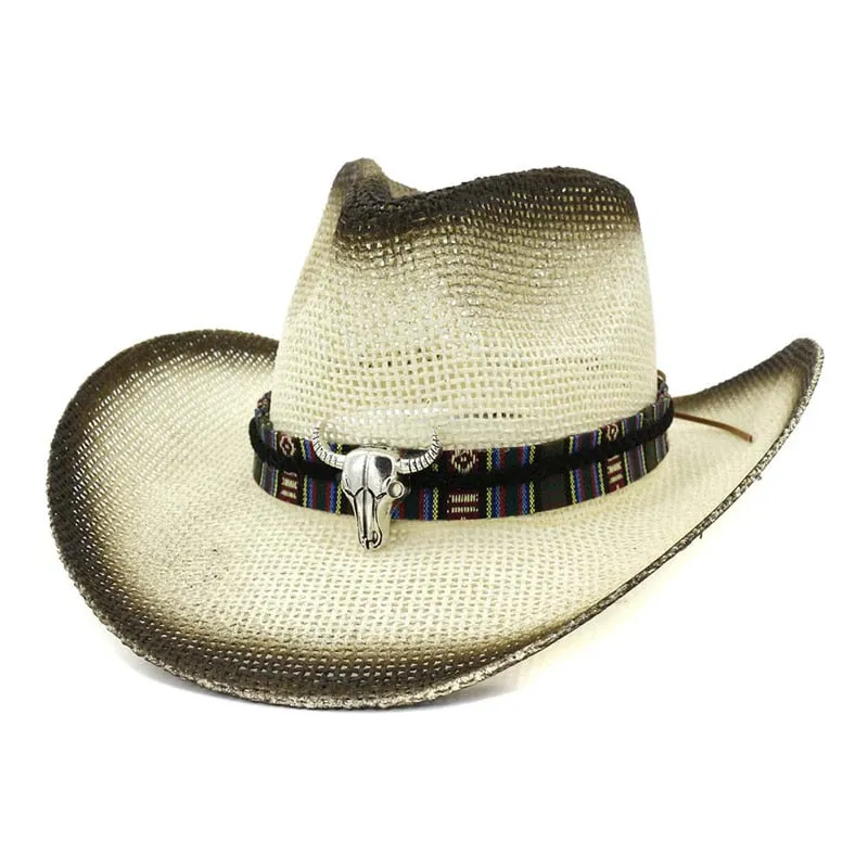 Men and Women Spray Paint Bull Head Ribbon Band Wide Brim Cowboy Hat