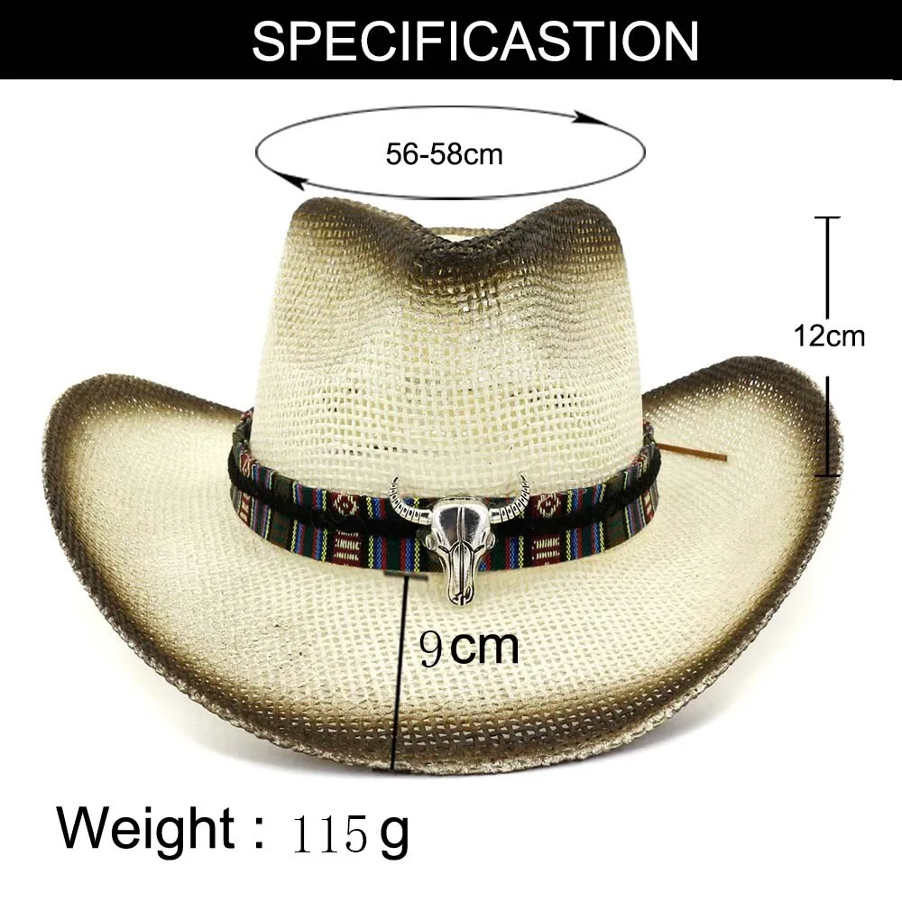 Men and Women Spray Paint Bull Head Ribbon Band Wide Brim Cowboy Hat