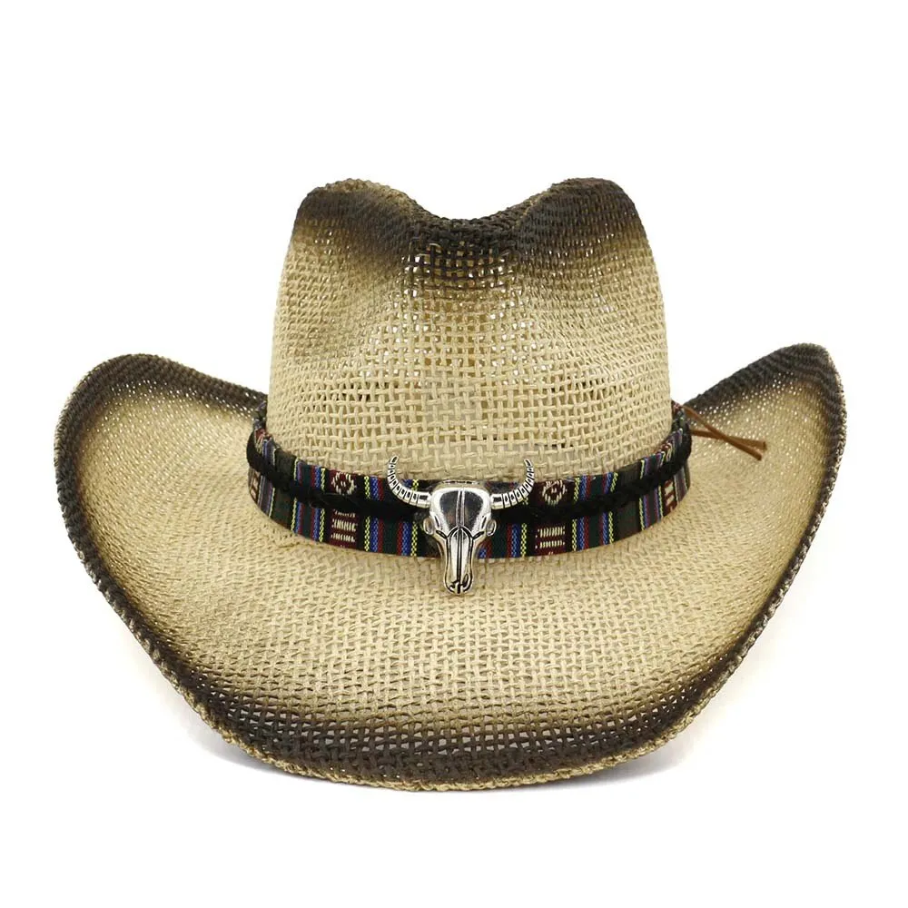 Men and Women Spray Paint Bull Head Ribbon Band Wide Brim Cowboy Hat