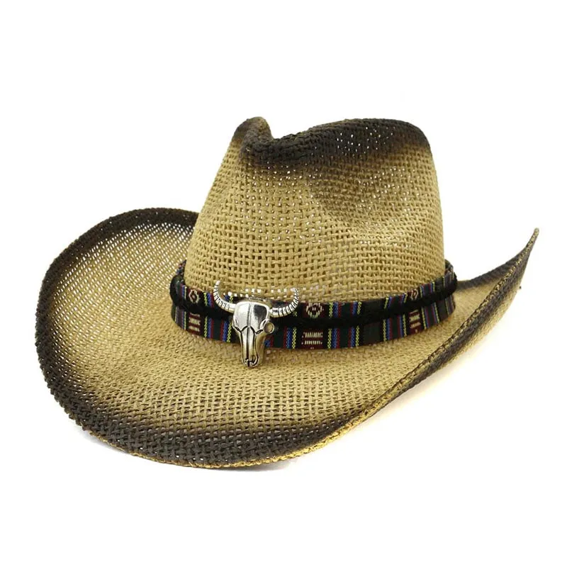 Men and Women Spray Paint Bull Head Ribbon Band Wide Brim Cowboy Hat