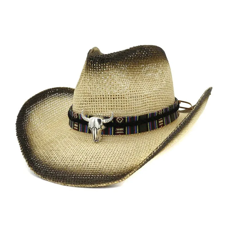 Men and Women Spray Paint Bull Head Ribbon Band Wide Brim Cowboy Hat