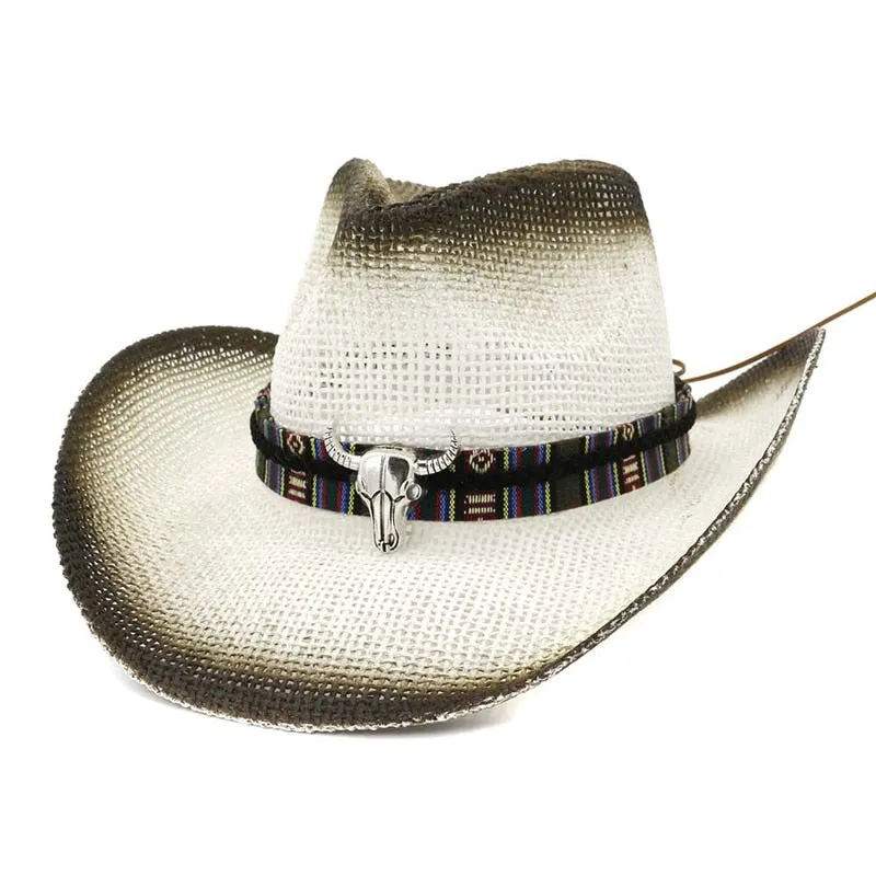 Men and Women Spray Paint Bull Head Ribbon Band Wide Brim Cowboy Hat