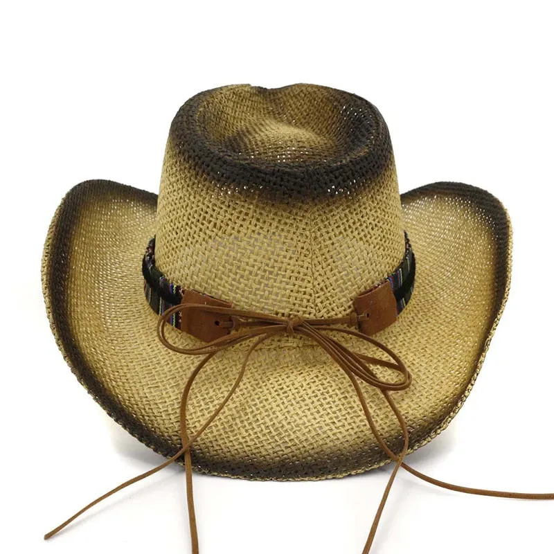 Men and Women Spray Paint Bull Head Ribbon Band Wide Brim Cowboy Hat