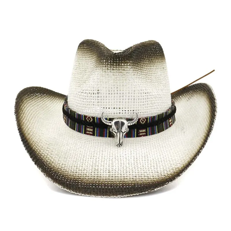 Men and Women Spray Paint Bull Head Ribbon Band Wide Brim Cowboy Hat