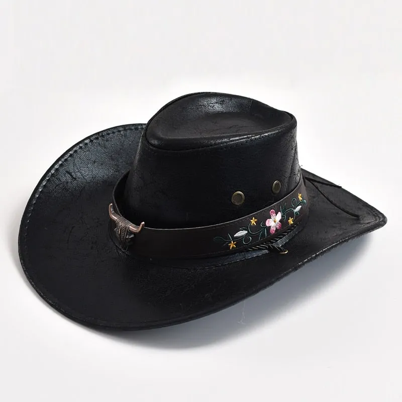 Men and Women Western Style Wide Brim Cow Head Decorate Jazz Hat