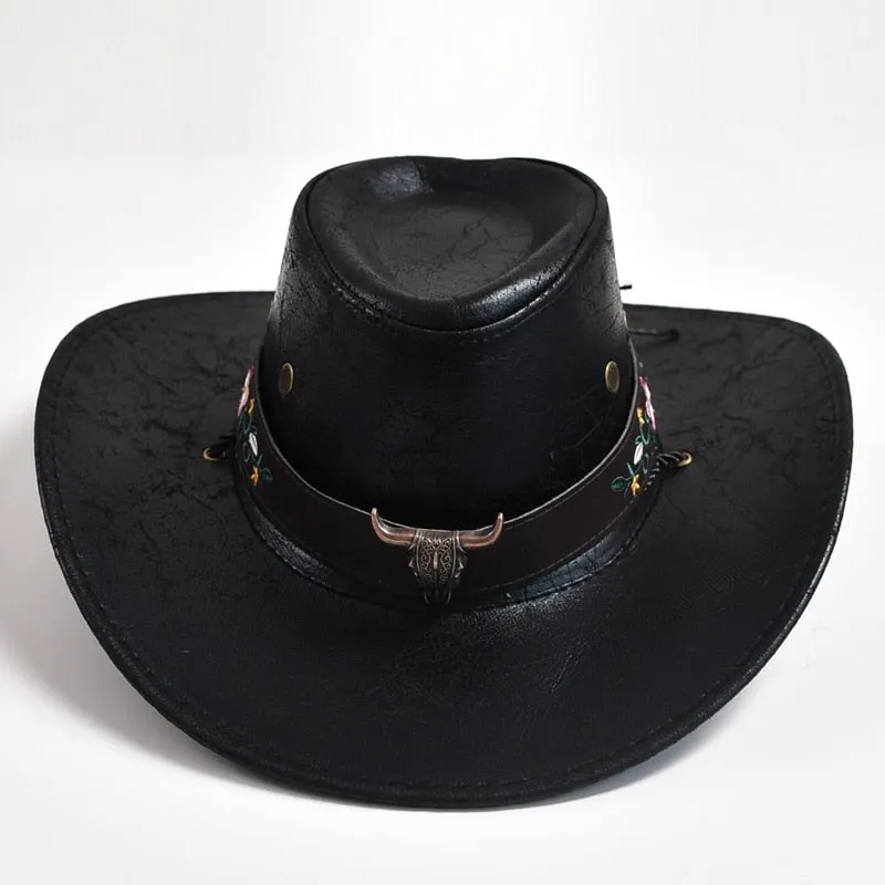 Men and Women Western Style Wide Brim Cow Head Decorate Jazz Hat