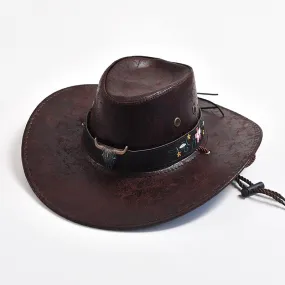 Men and Women Western Style Wide Brim Cow Head Decorate Jazz Hat