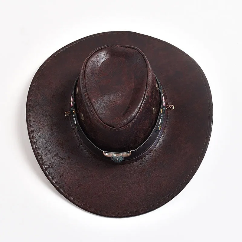 Men and Women Western Style Wide Brim Cow Head Decorate Jazz Hat