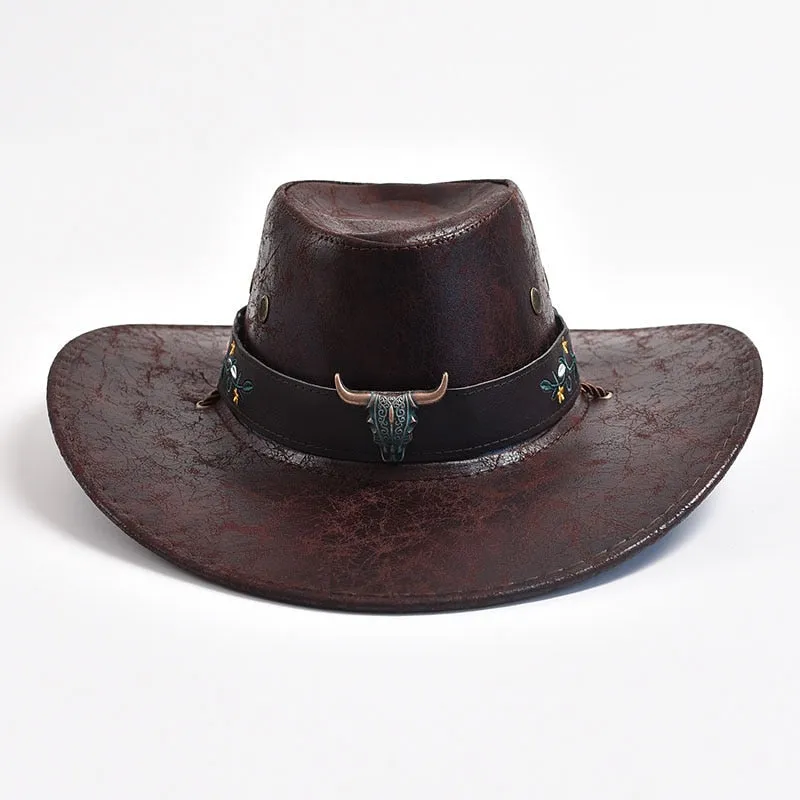 Men and Women Western Style Wide Brim Cow Head Decorate Jazz Hat