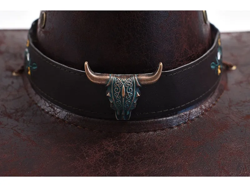 Men and Women Western Style Wide Brim Cow Head Decorate Jazz Hat