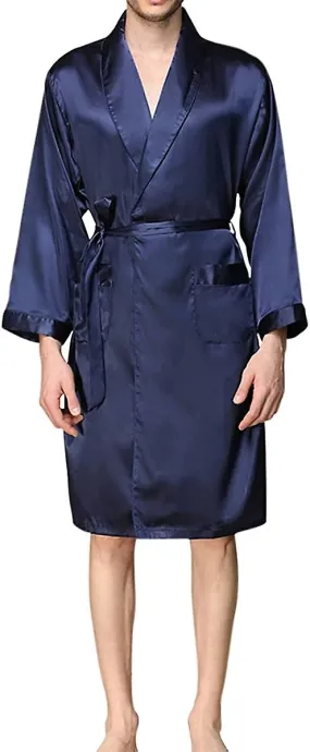 Men's Dressing Gowns Smooth Sleepwear Pajamas Robe Bathrobe With Belt And Pockets