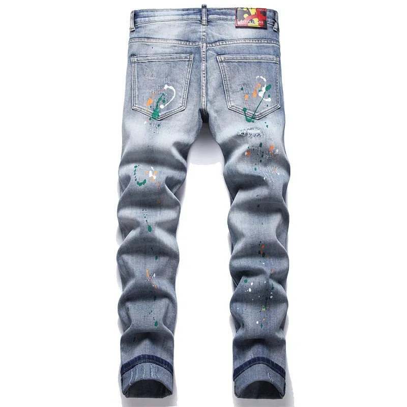 Men's Blue Painted Print Hole Decor Mid Waist Ripped Skinny Jeans Pants