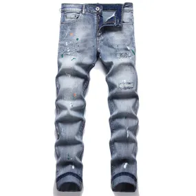 Men's Blue Painted Print Hole Decor Mid Waist Ripped Skinny Jeans Pants