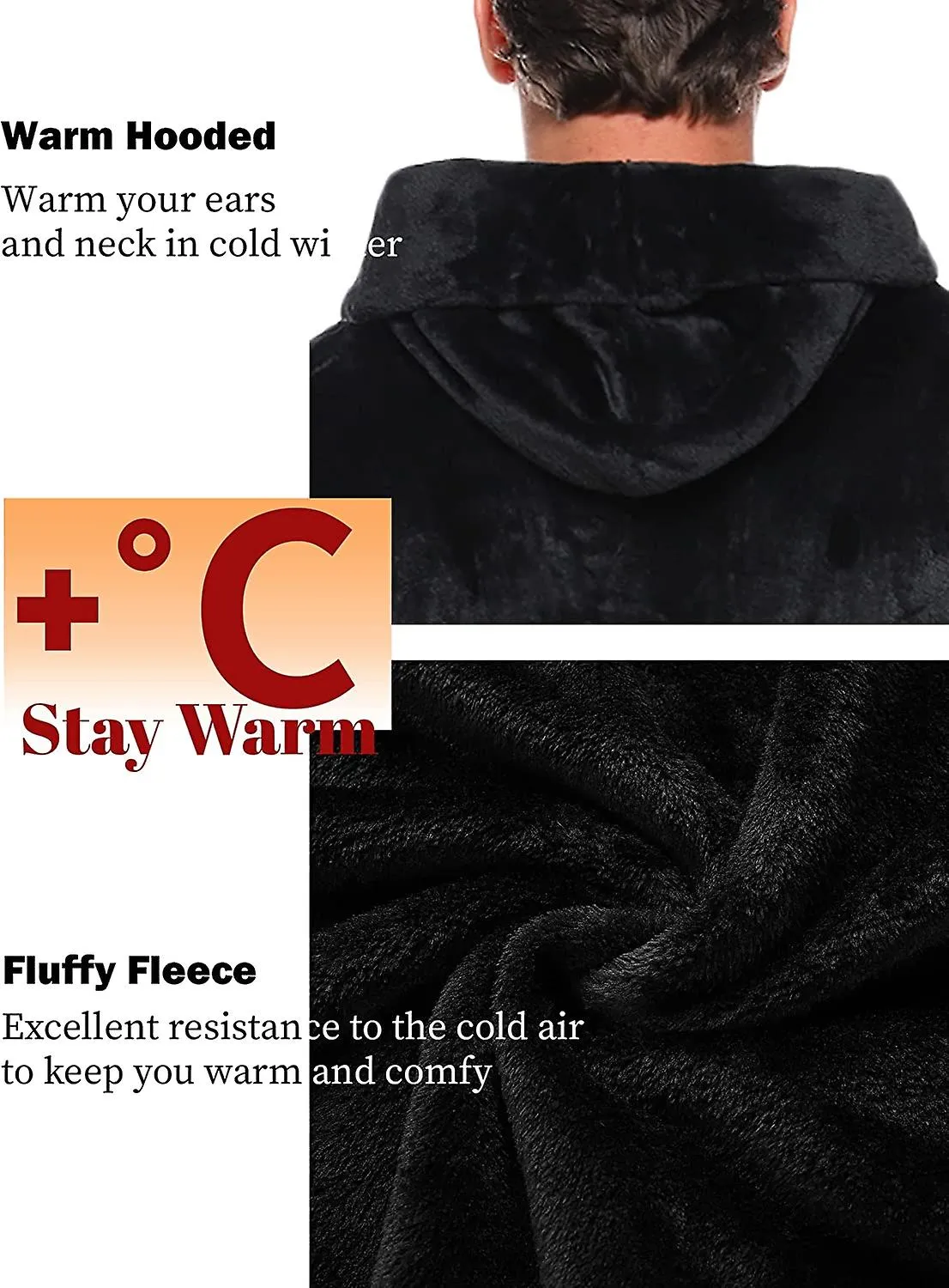 Mens Dressing Gowns Fleece Fluffy Dressing Gown Hooded Dressing Gown Flannel Soft Bathrobe Nightwear Robe Loungewear,black,xxl