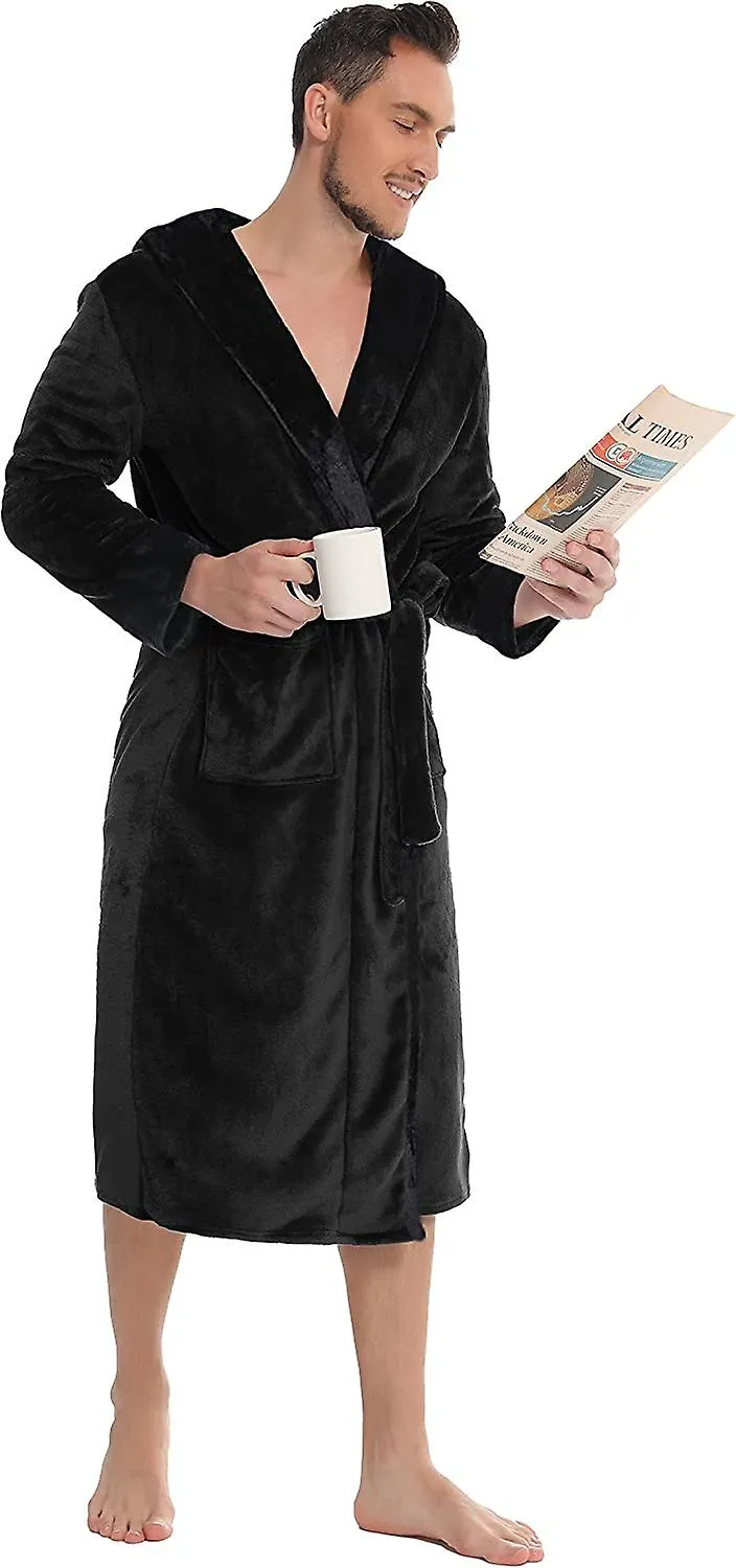 Mens Dressing Gowns Fleece Fluffy Dressing Gown Hooded Dressing Gown Flannel Soft Bathrobe Nightwear Robe Loungewear,black,xxl