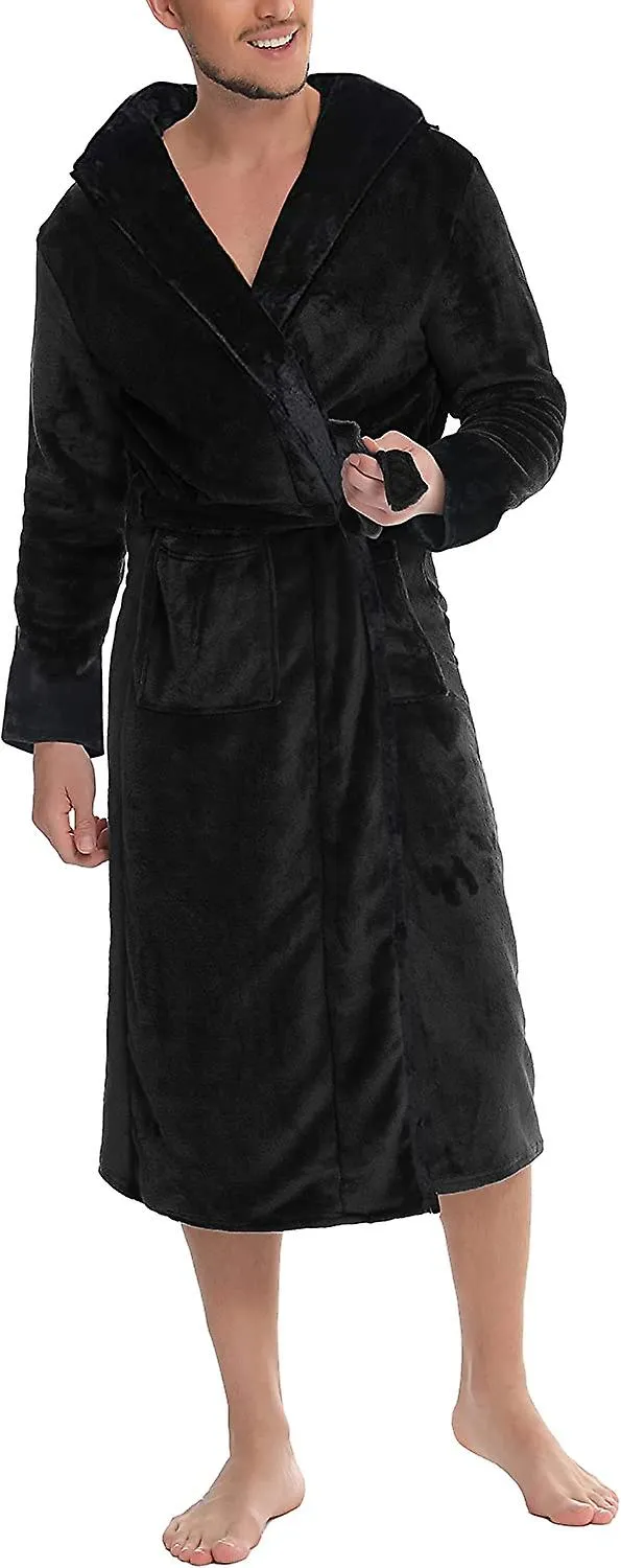 Mens Dressing Gowns Fleece Fluffy Dressing Gown Hooded Dressing Gown Flannel Soft Bathrobe Nightwear Robe Loungewear,black,xxl