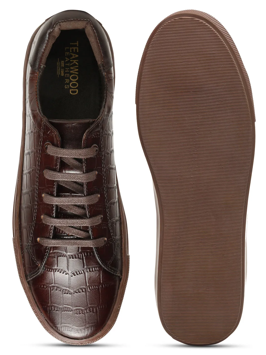 Men's Stylish Brown Lace-Up Texture Sneakers Leather Shoes