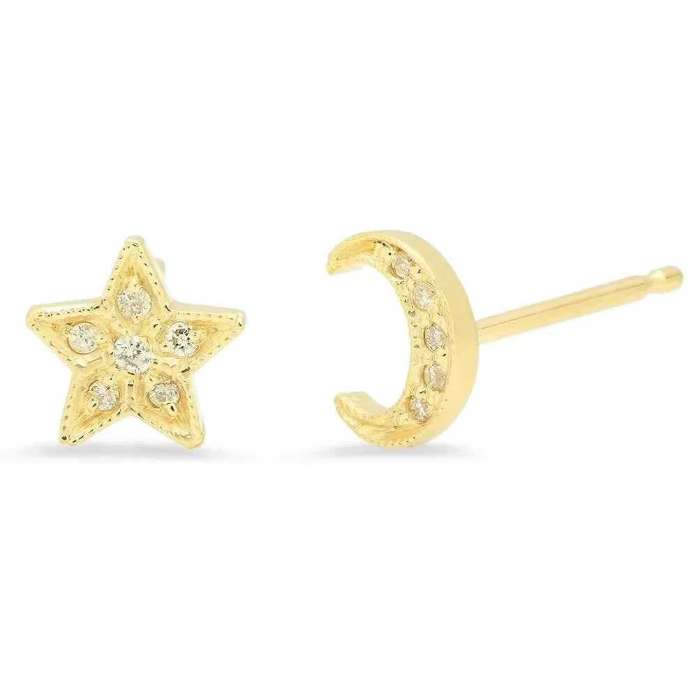 Mini Half Moon & Star Diamond Stud Earrings