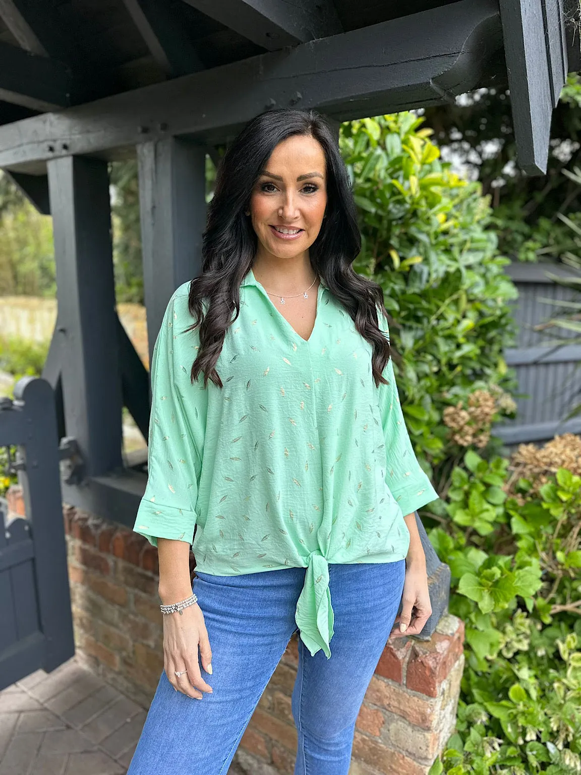 Mint Metallic Leaf Pattern Blouse Delia