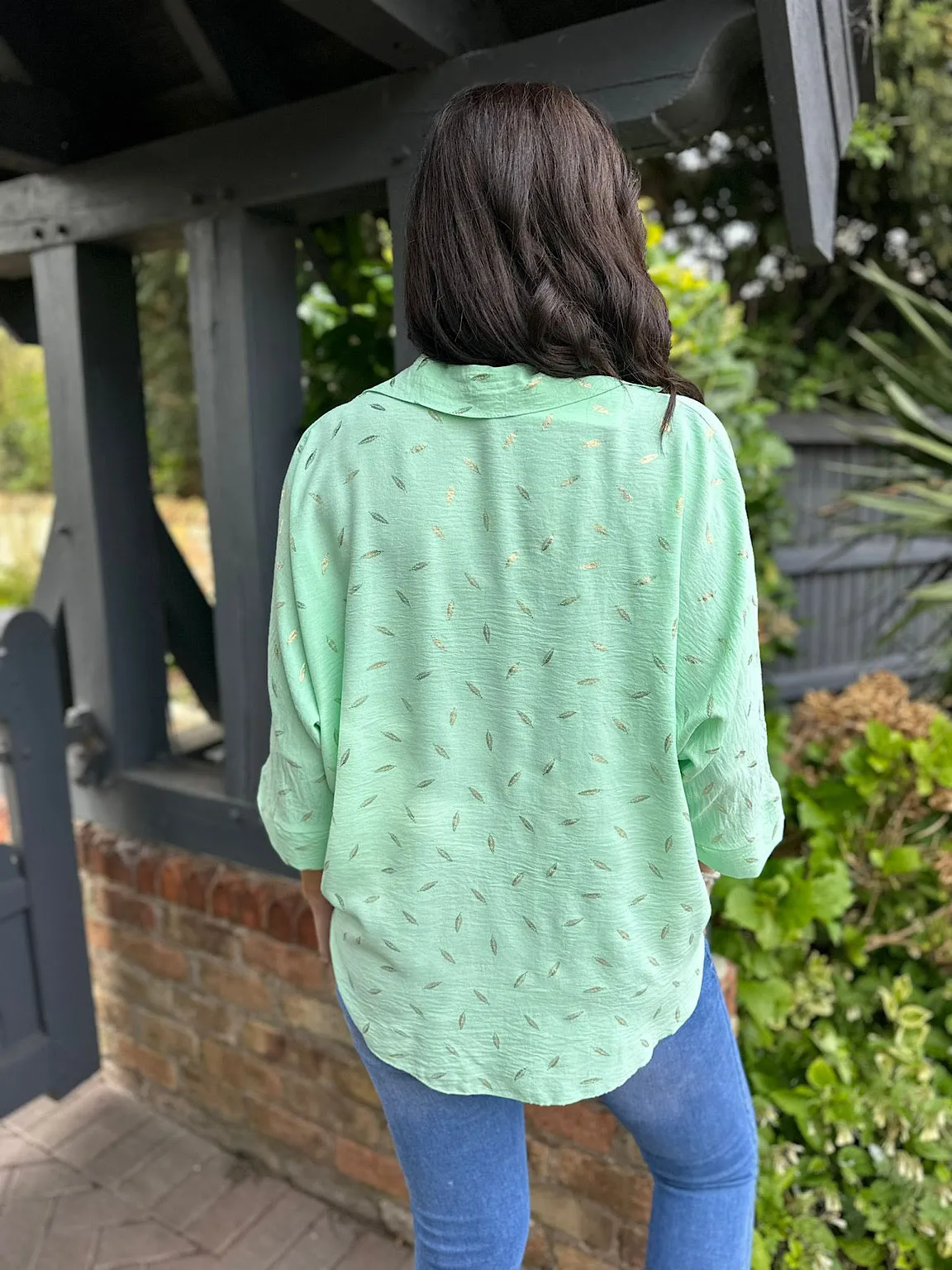 Mint Metallic Leaf Pattern Blouse Delia