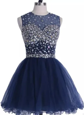 Navy Blue Sparkle Short Homecoming Dresses ,  Cocktail Dresses Crystal Beading Party Dresses