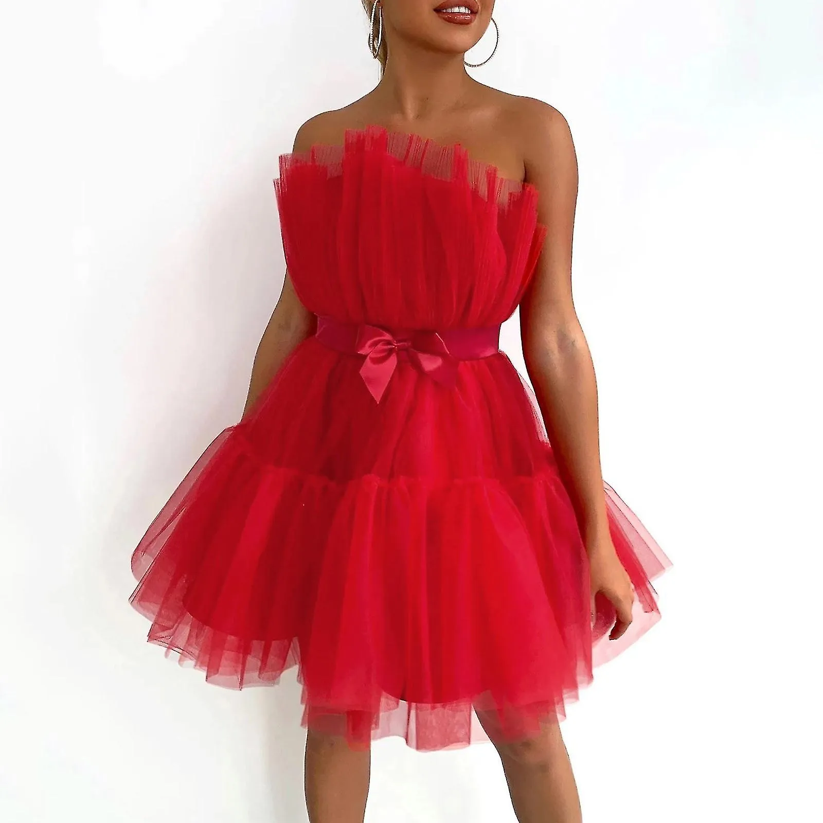 Off Shoulder Mesh Tul Tutu Dress Women Tube Top Bow Wedding Evening Party Prom Dresses Female Mini Dress Bridesmaid