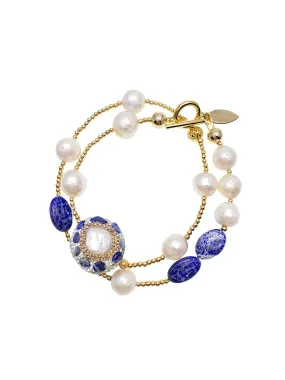 Pearls and Lapis Rhinestone Double Layers Bracelet / Choker GB050