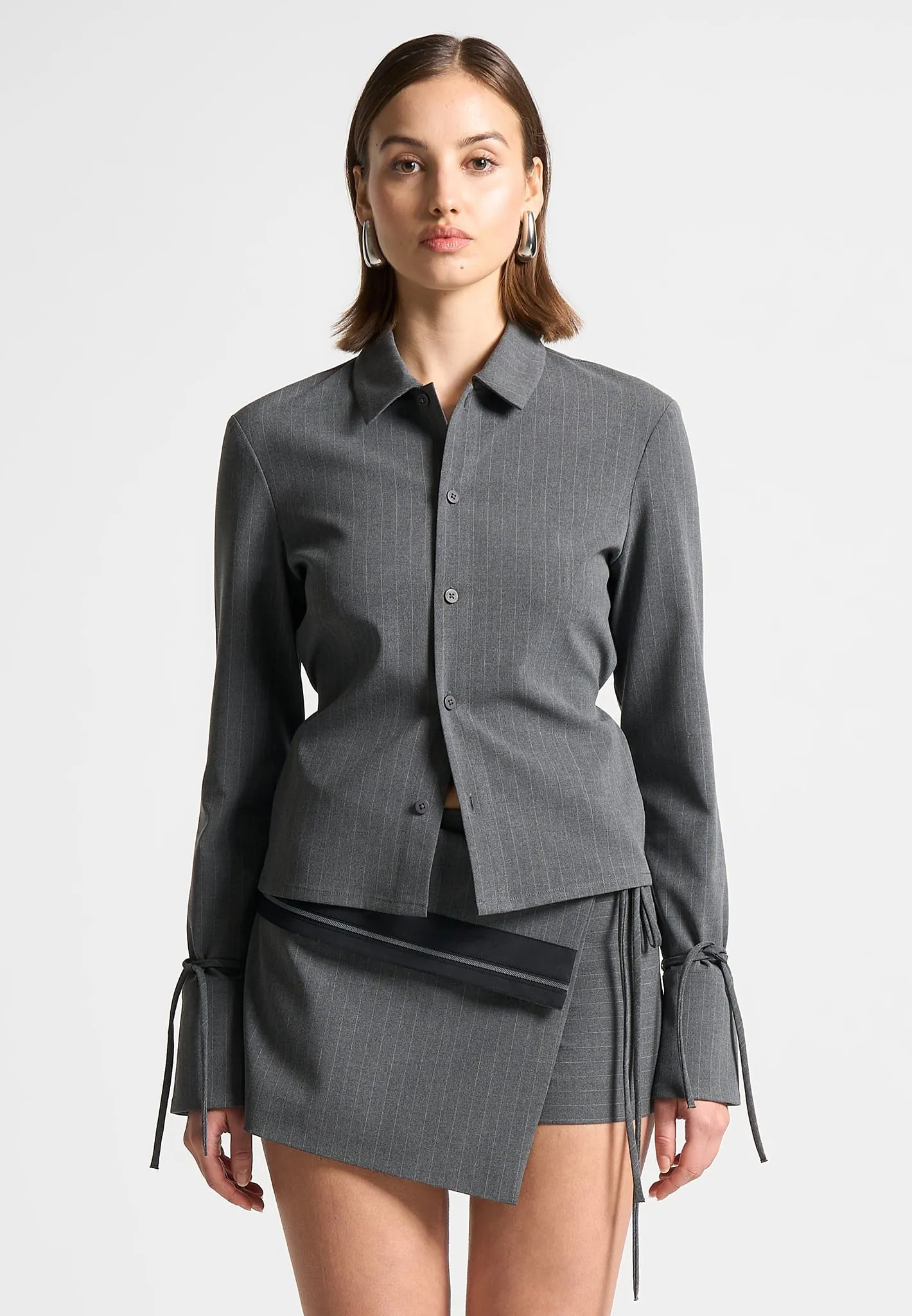 Pinstripe Cinch Tailored Shirt with Ties - Grey