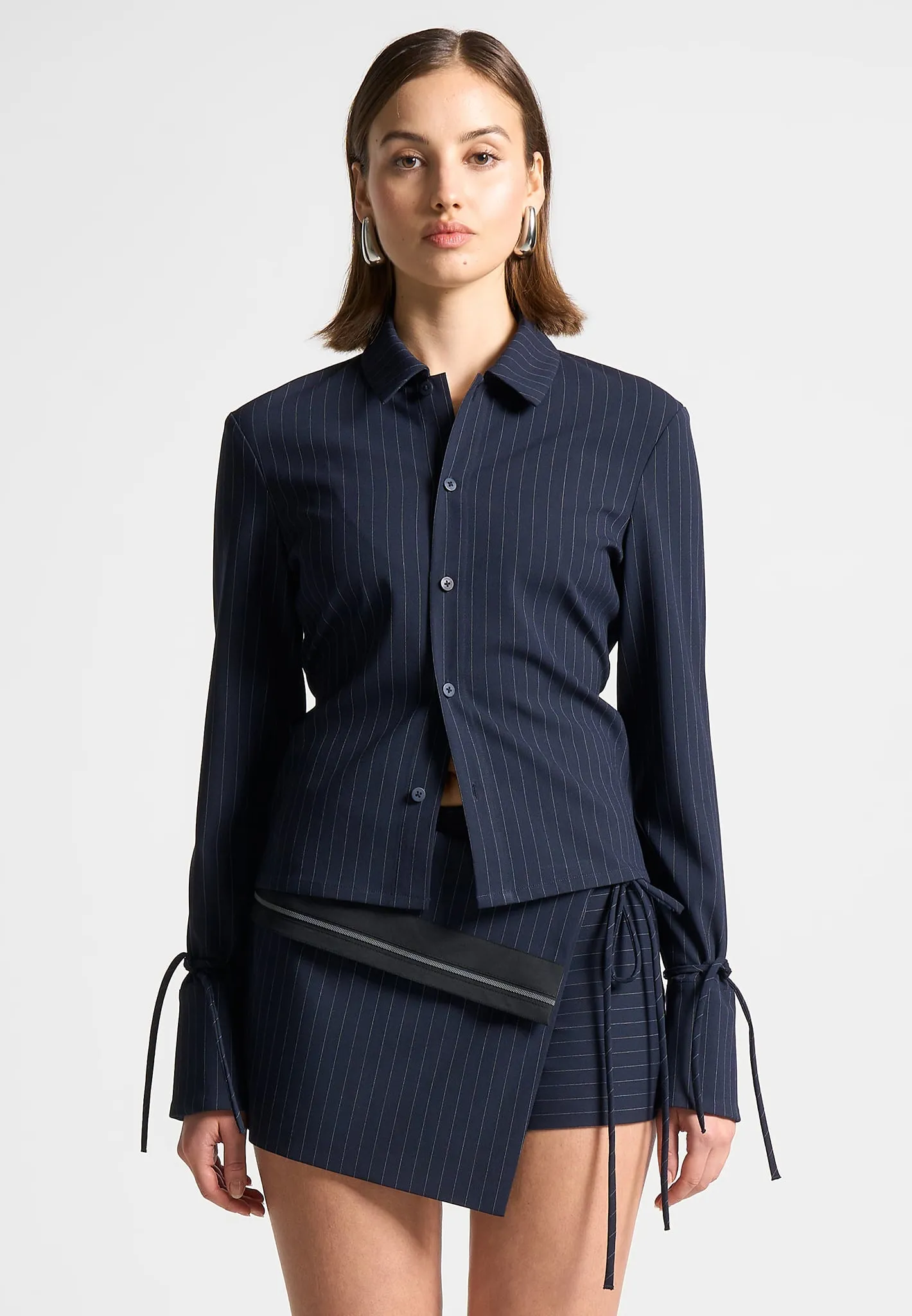 Pinstripe Cinch Tailored Shirt with Ties - Navy