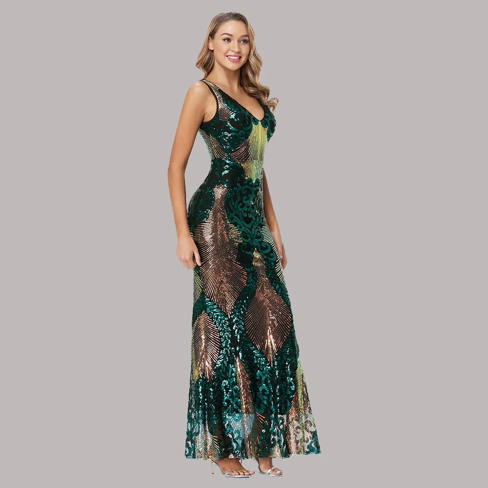 Plus Size Cocktail Dresses Long Sexy Mermaid V Neck Sleeveless Sequins Formal Party Dress