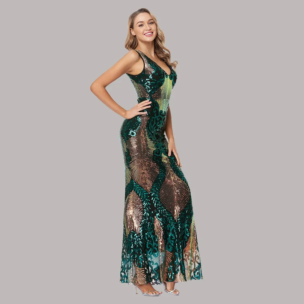 Plus Size Cocktail Dresses Long Sexy Mermaid V Neck Sleeveless Sequins Formal Party Dress