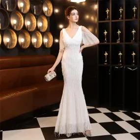 Polyester Thread Tassel Beaded Mermaid Elegant Formal Party Dress Ruffle Sleeve Dubble-V-neck Robe De Soriee Floor Length Gowns